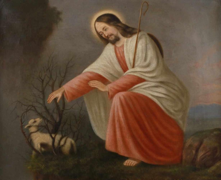 German artist Portrait Painting - The Good Shepherd Antique German Oil Painting on Canvas Christ with Lamb