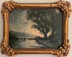 FINE 19TH CENTURY BARBIZON OIL PAINTING ON PANEL - FIGURE / RIVER