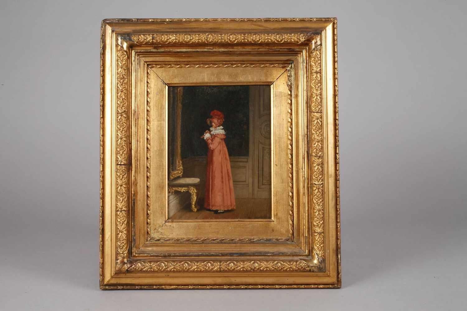 19th Century Portrait Elegant Young Lady before a Mirror with Hat, signed oil - Painting by Paul Preyer