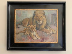 The Lion and his Cub - Signed Original Oil Painting, 1960's