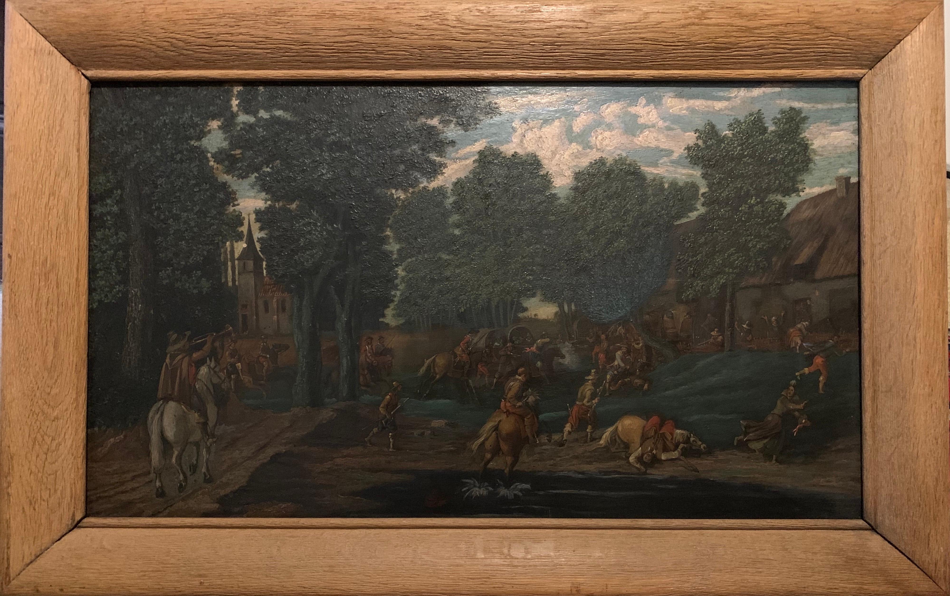 18th Century Flemish Old Master oil Cavaliers Attacking Woodland Village - Painting by Unknown