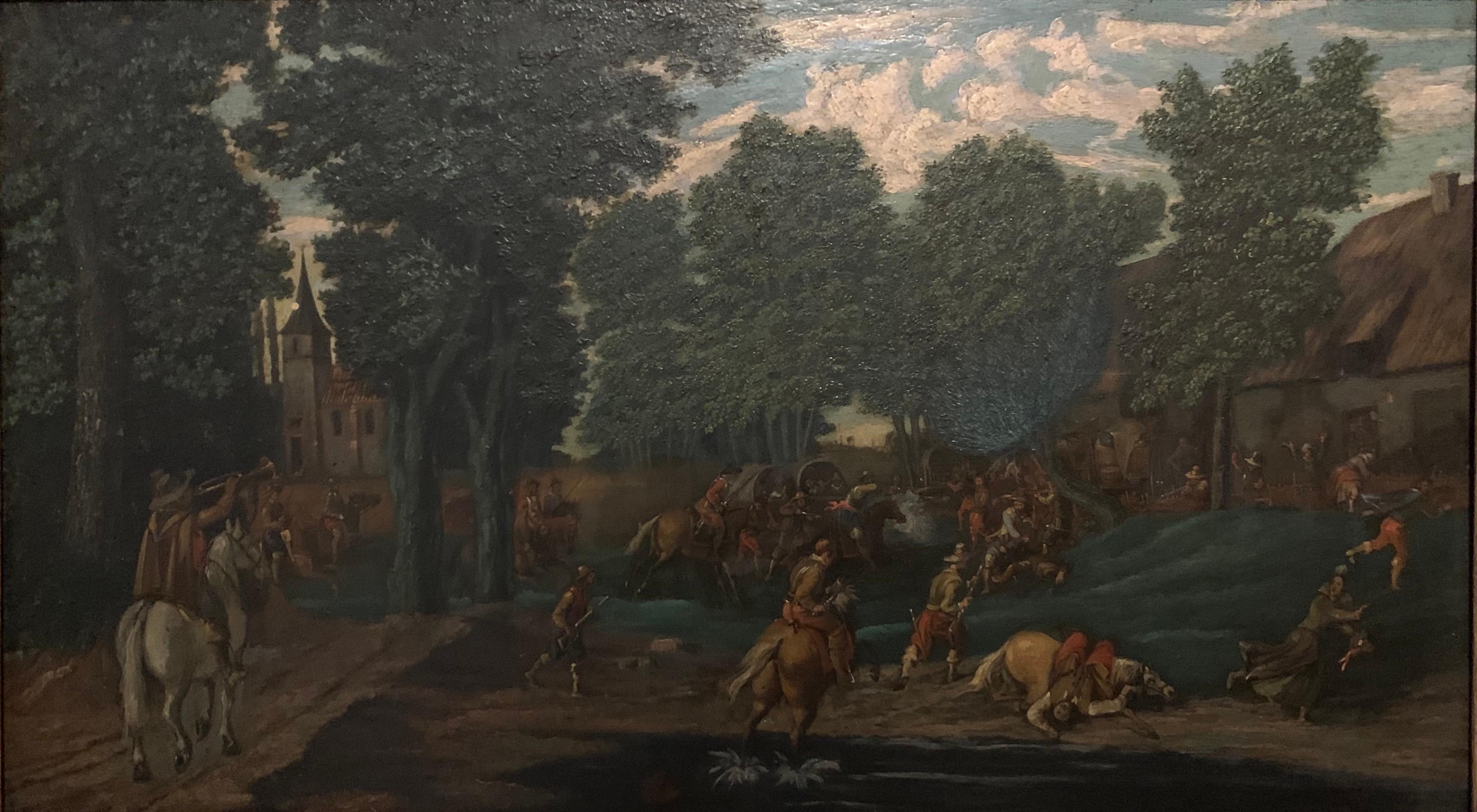 Unknown Landscape Painting - 18th Century Flemish Old Master oil Cavaliers Attacking Woodland Village