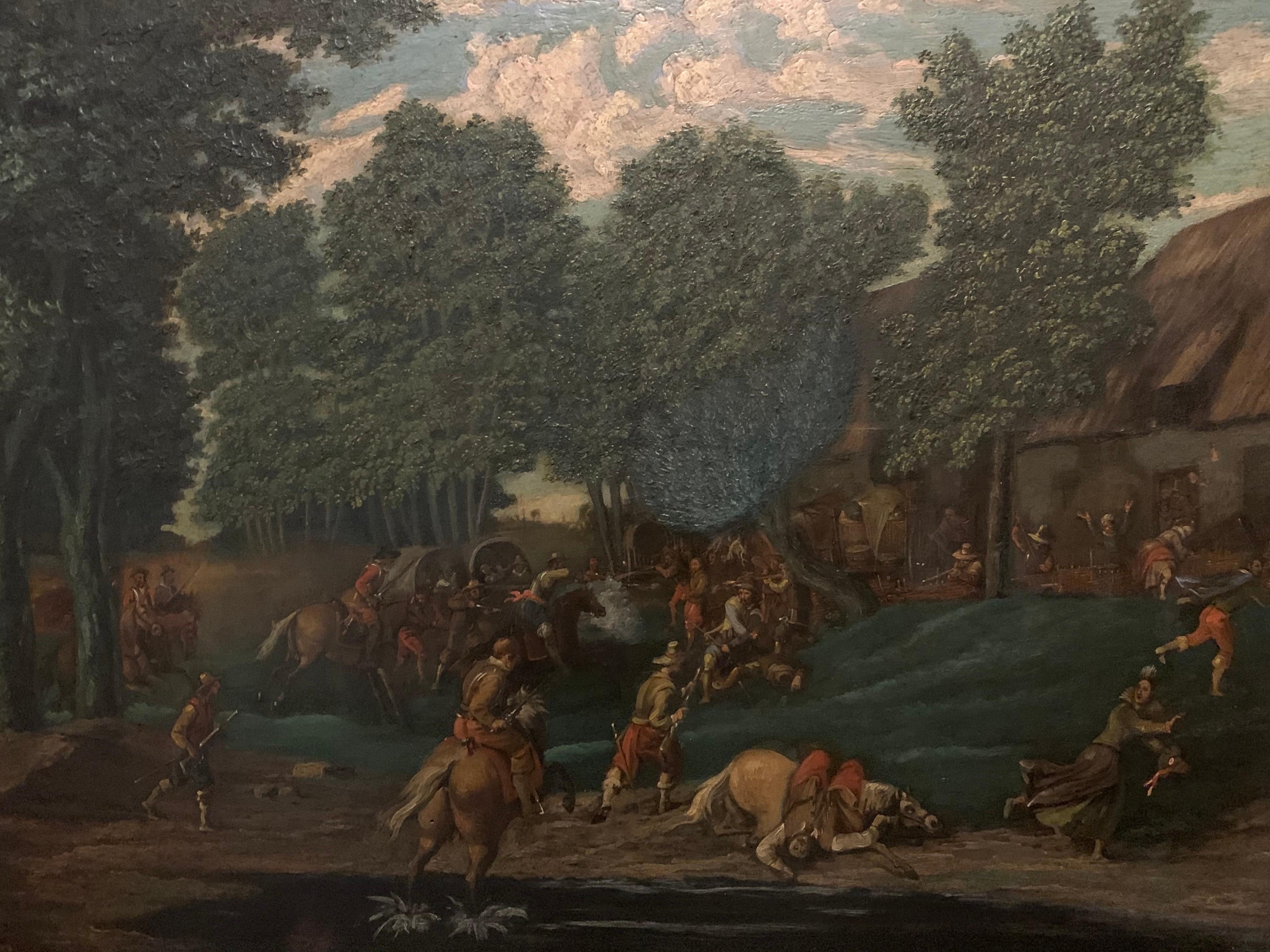 18th Century Flemish Old Master oil Cavaliers Attacking Woodland Village - Old Masters Painting by Unknown