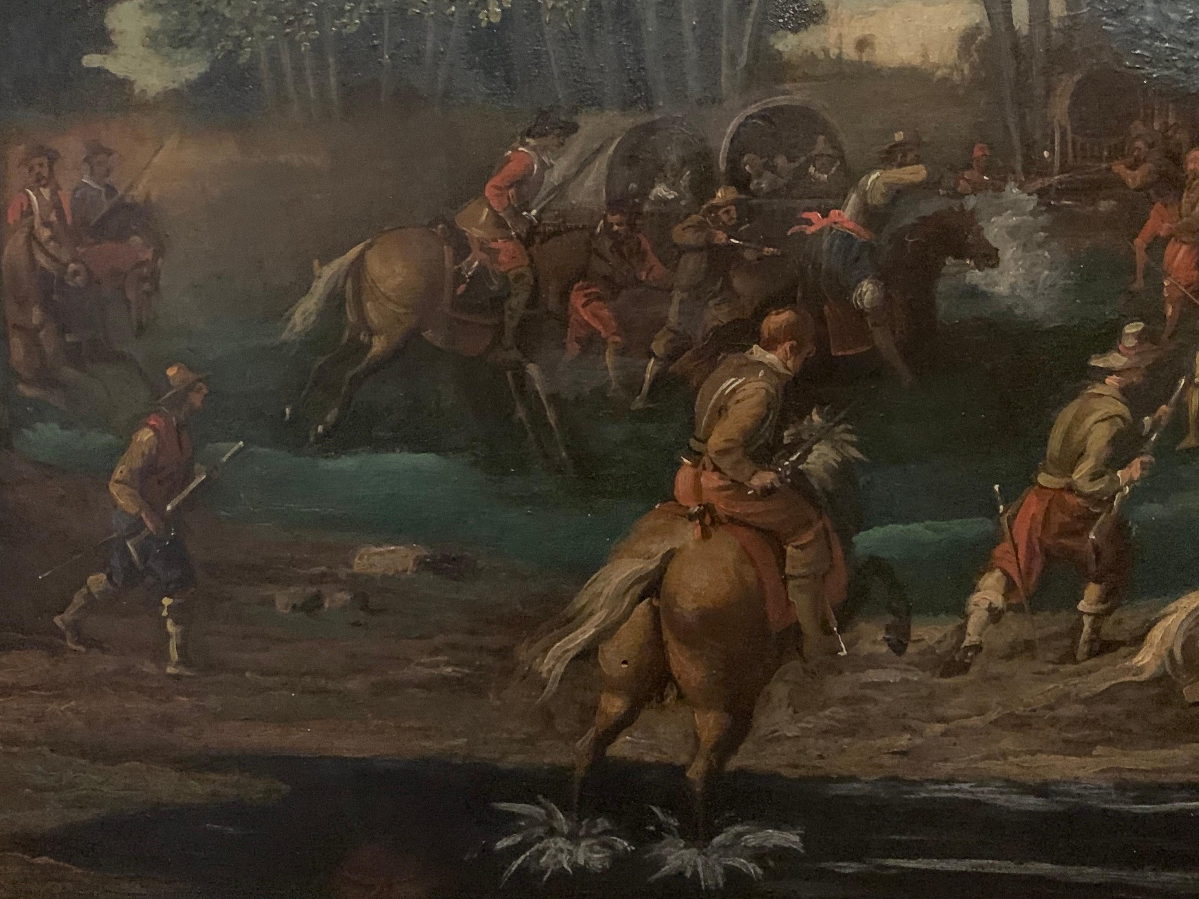 18th Century Flemish Old Master oil Cavaliers Attacking Woodland Village - Black Landscape Painting by Unknown