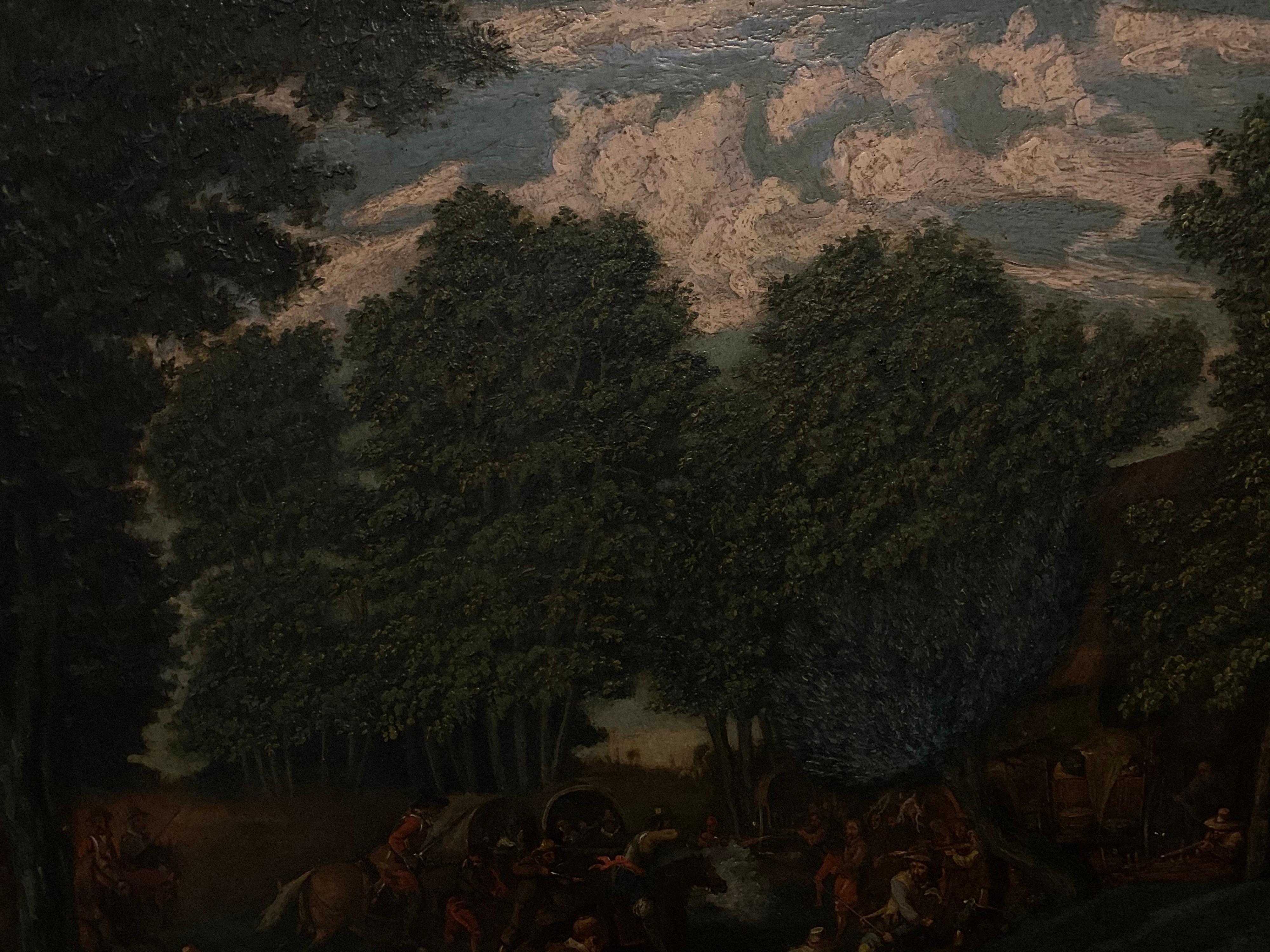 18th Century Flemish Old Master oil Cavaliers Attacking Woodland Village 2