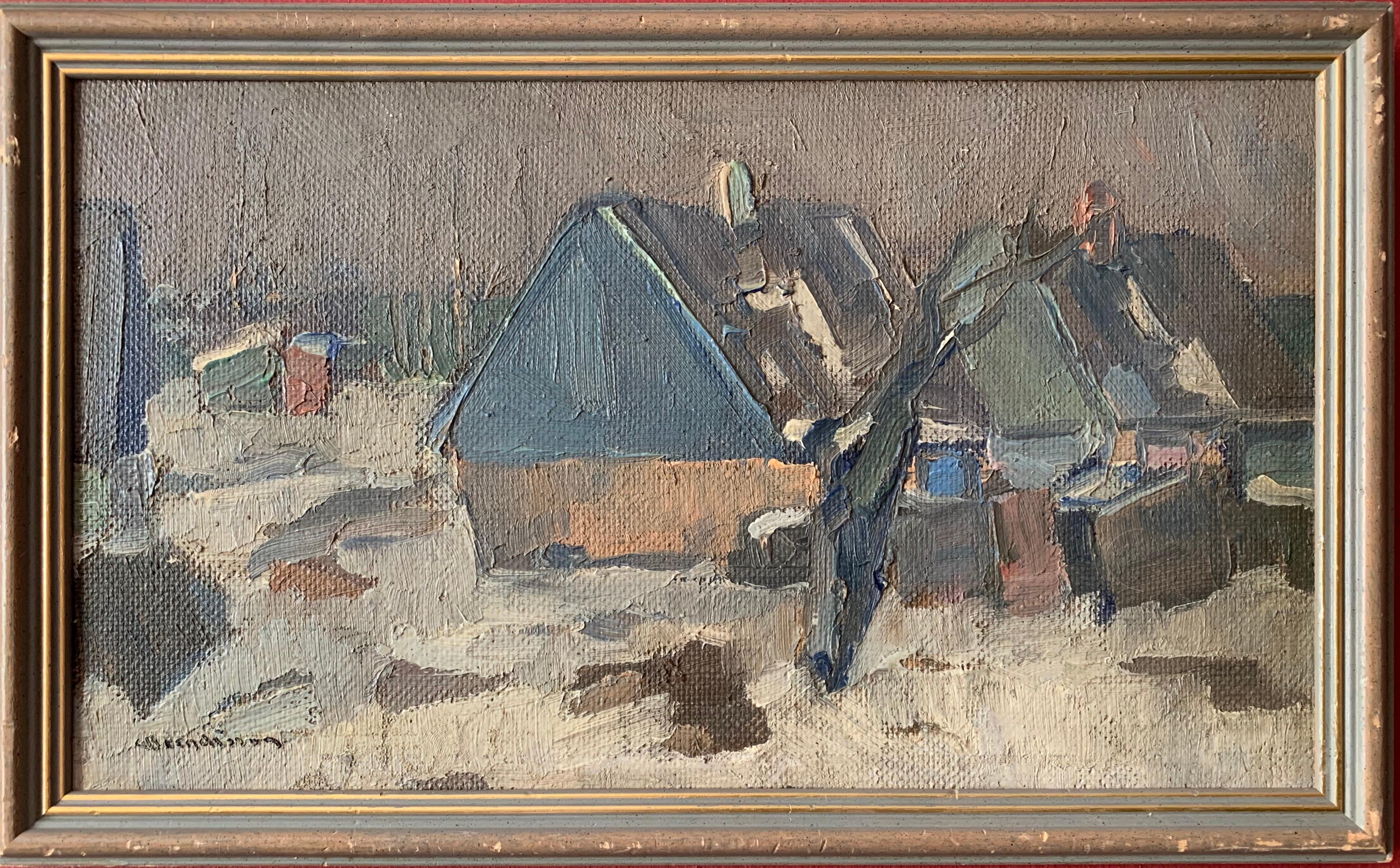Carl Berndtsson  Landscape Painting - Mid 20th century Swedish oil painting Houses in Landscape