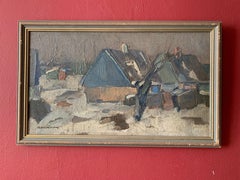 Mid 20th century Swedish oil painting Houses in Landscape