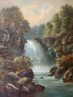Fishing the Pool Antique British Victorian Oil Painting River Landscape Signed