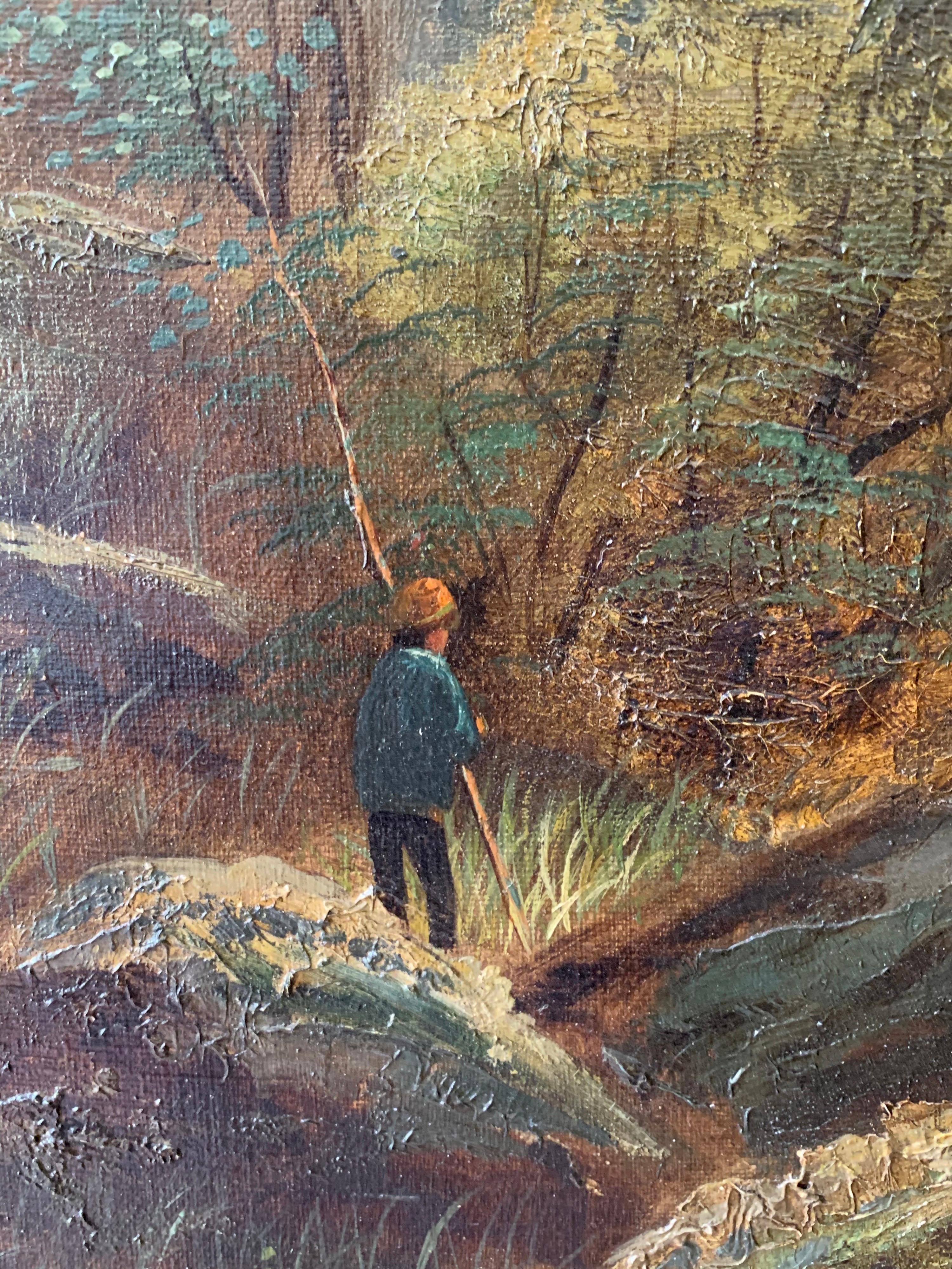 Fishing the Pool Antique British Victorian Oil Painting River Landscape Signed - Gray Landscape Painting by Joseph Yarnold (British, 1857-1957)