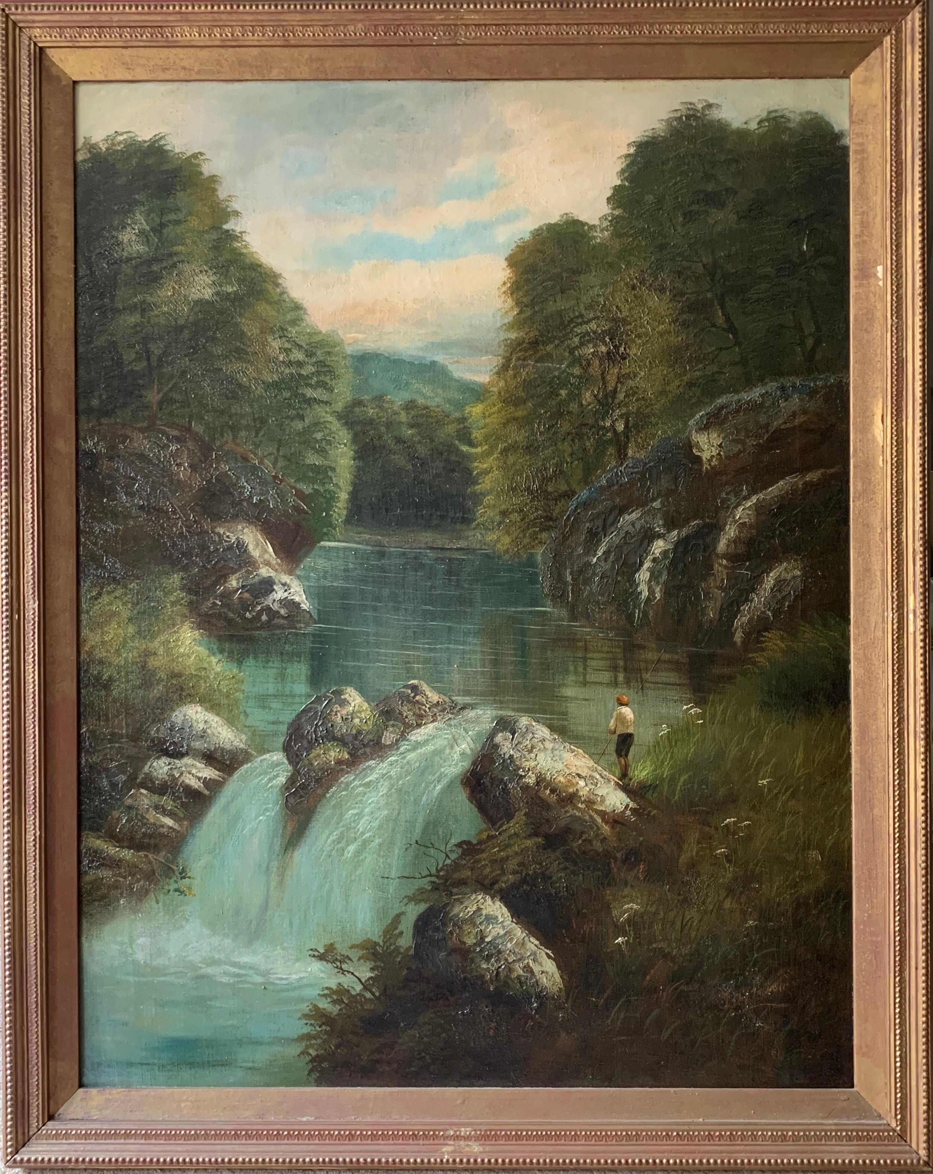 Large Antique British Victorian Oil Painting River Landscape with Angler - Black Landscape Painting by Joseph Yarnold (British, 1857-1957)