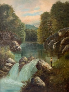 Large Antique British Victorian Oil Painting River Landscape with Angler