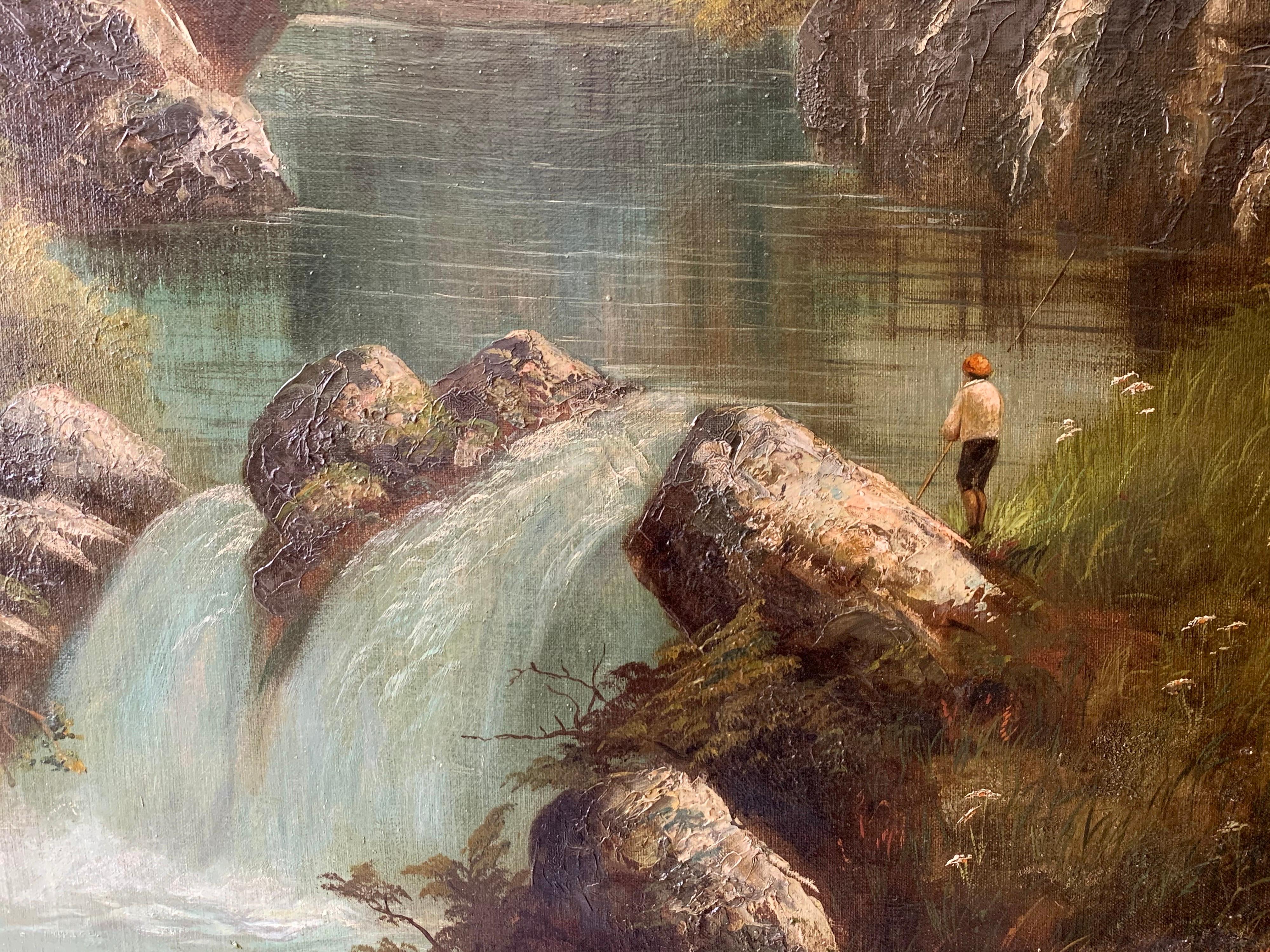 Fishing the Pool
by Joseph Yarnold (British, 1857-1957)
signed lower front corner
oil painting on canvas, framed
canvas size: 36 x 28 inches
framed size: 40.5 x 32 inches
provenance: private collection, Suffolk, England

Very fine large Victorian