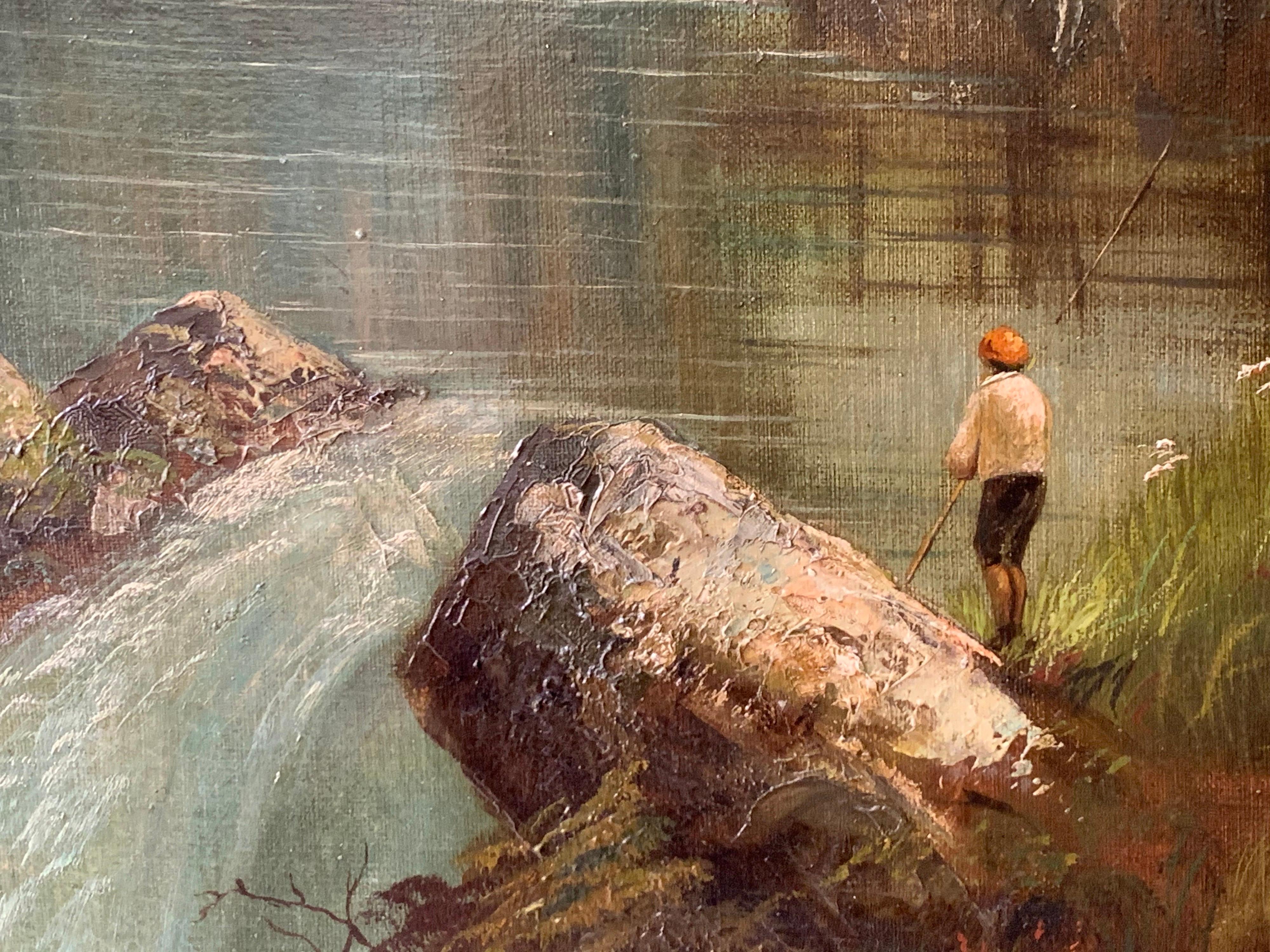 Large Antique British Victorian Oil Painting River Landscape with Angler 1
