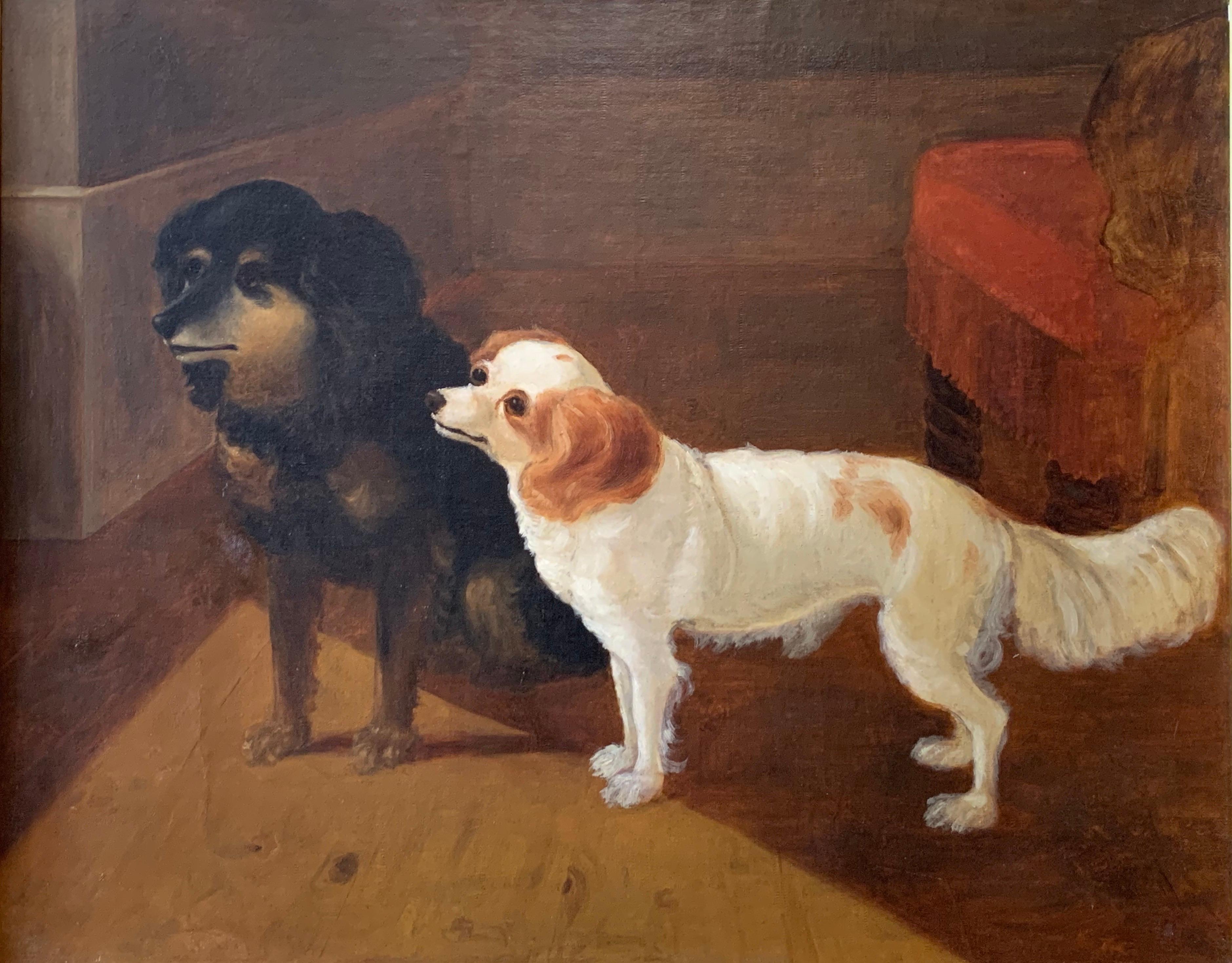 Victorian English Animal Painting - Waiting for the Master Large Victorian Dog Painting Two Dogs in Interior
