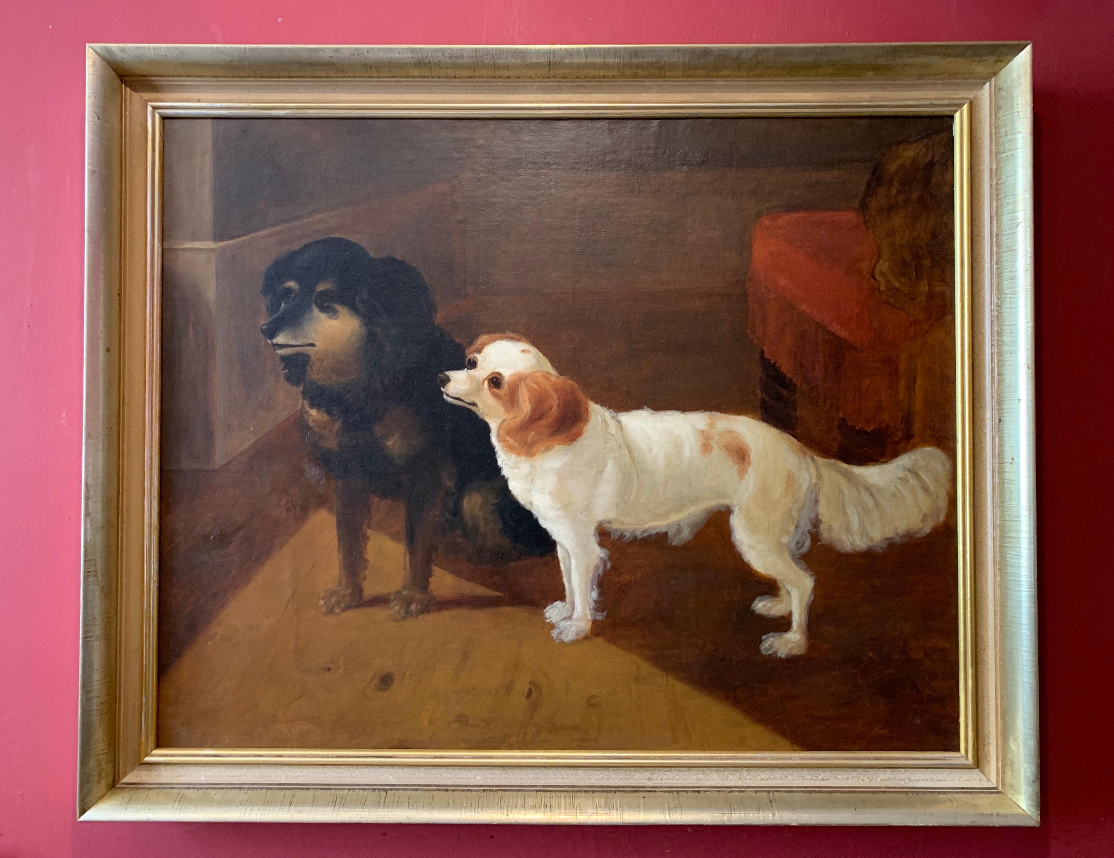 Aspettando il padrone Grande quadro vittoriano con cane Due cani in un interno - Painting di Victorian English