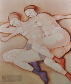 Les Deux Amies Huge Italian Modernist Oil Painting Nude Female Lovers