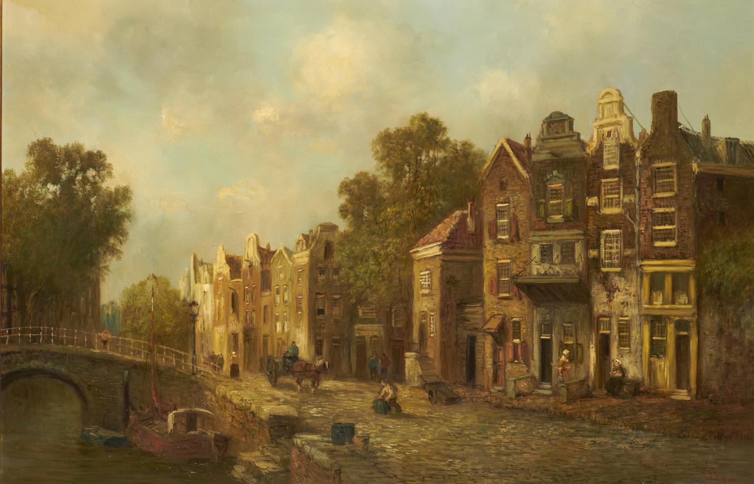 HERMANUS JOHANNES VEGER Landscape Painting - Old Amsterdam Busy Working Street Scene & Canal Large Signed Oil Painting