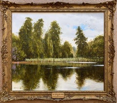 Vintage Large English Lake & Woodland Landscape Oil Painting Green Reflections on Water