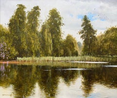 Large English Lake & Woodland Landscape Oil Painting Green Reflections on Water