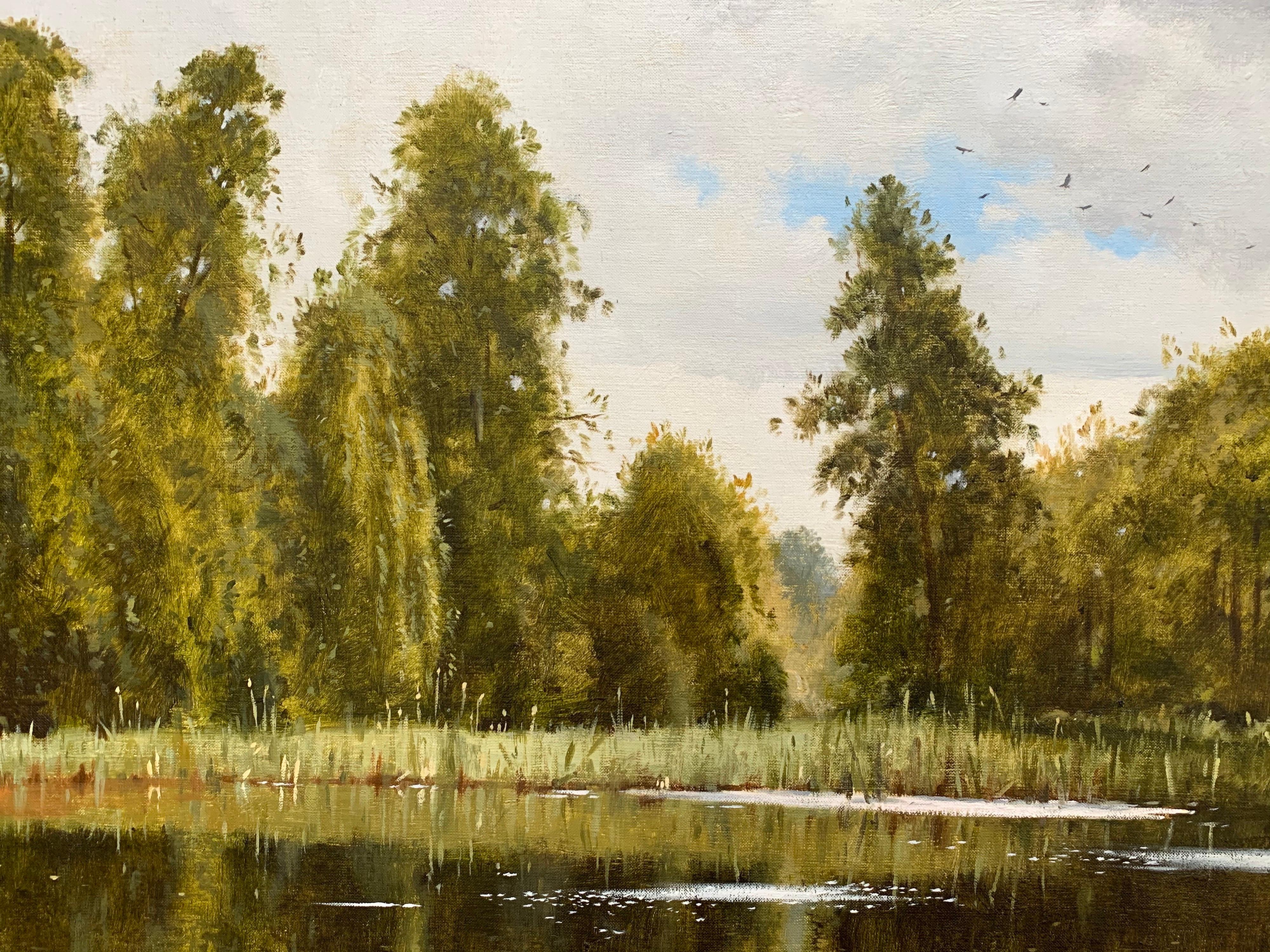 Large English Lake & Woodland Landscape Oil Painting Green Reflections on Water 1