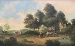 Victorian Oil Painting Horses & Figures in Suffolk Village Landscape & Ducks