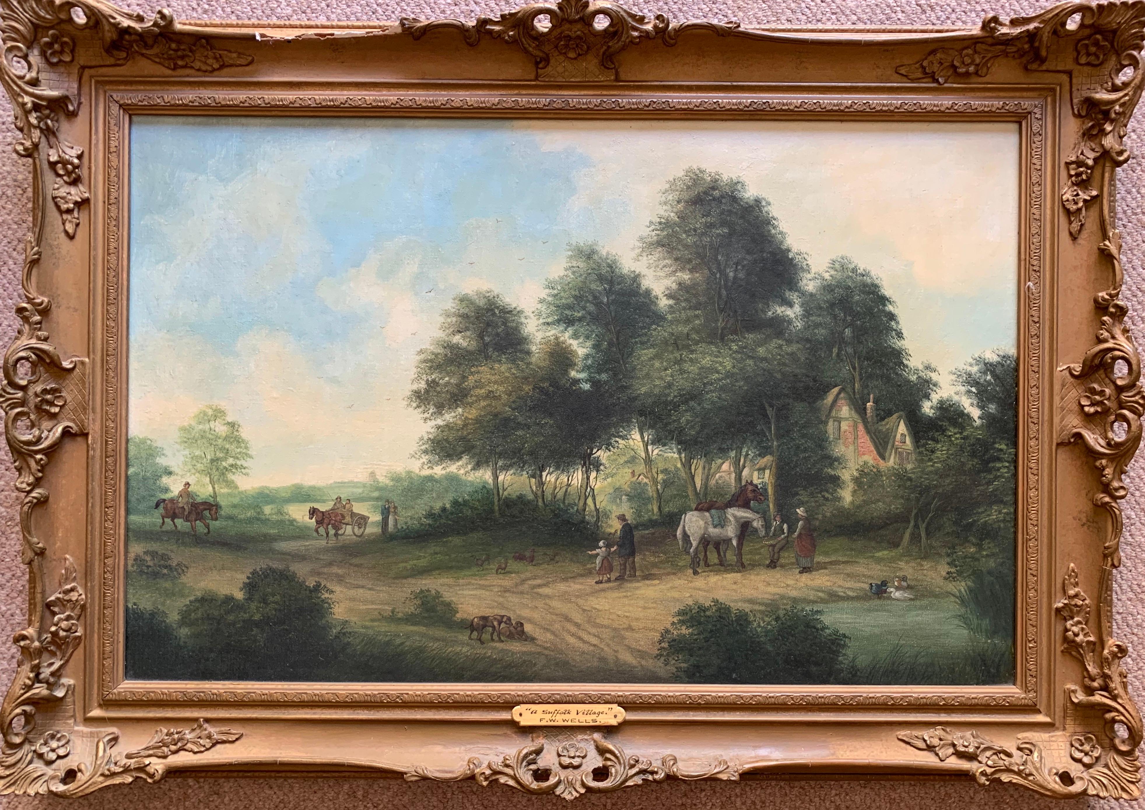F. W. Wells Animal Painting - Victorian Oil Painting Horses & Figures in Suffolk Village Landscape & Ducks
