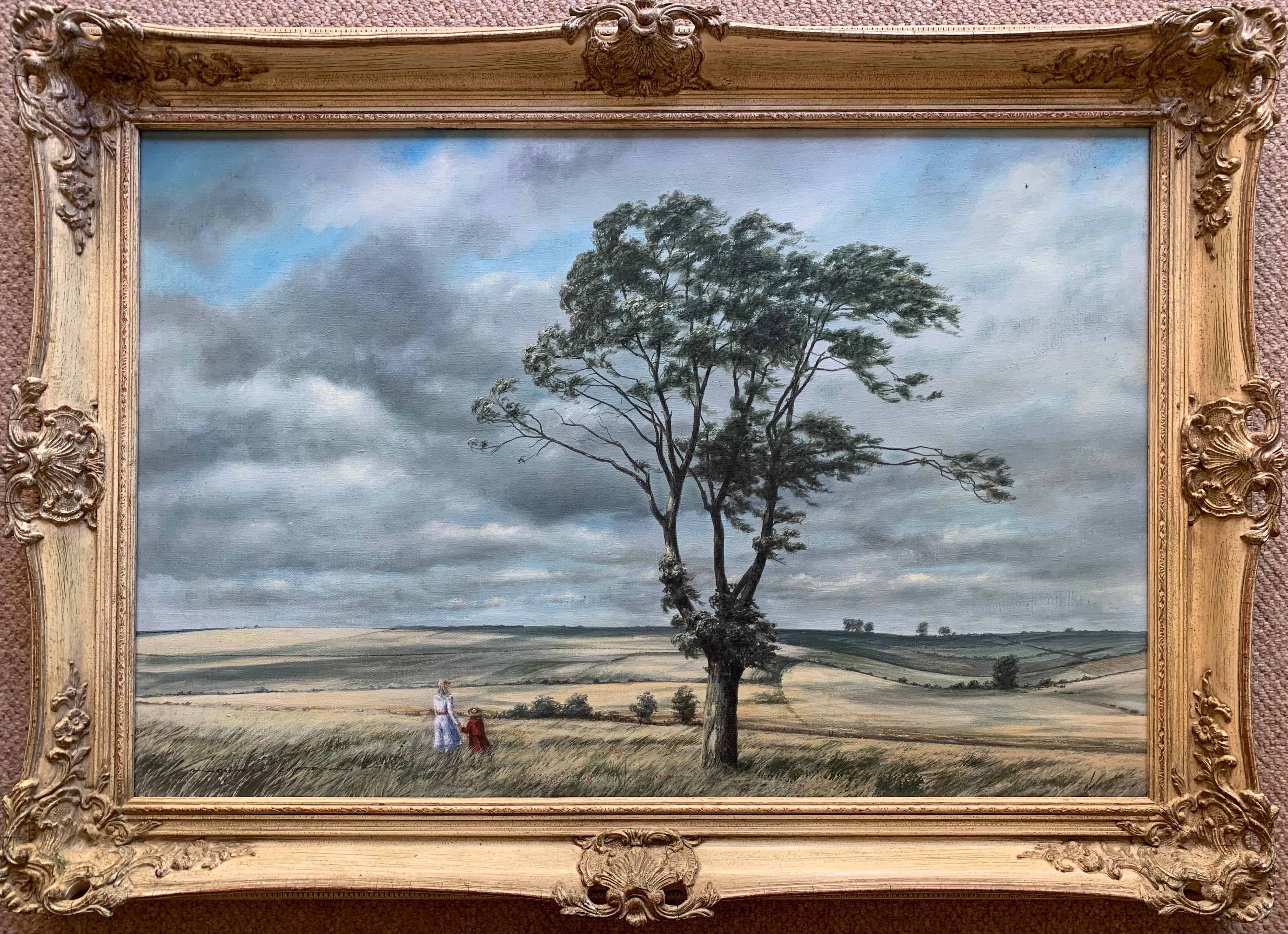 Watching the Skies Mother & Daughter in Windswept open Field Large English Oil - Painting by Roderick Lovesey