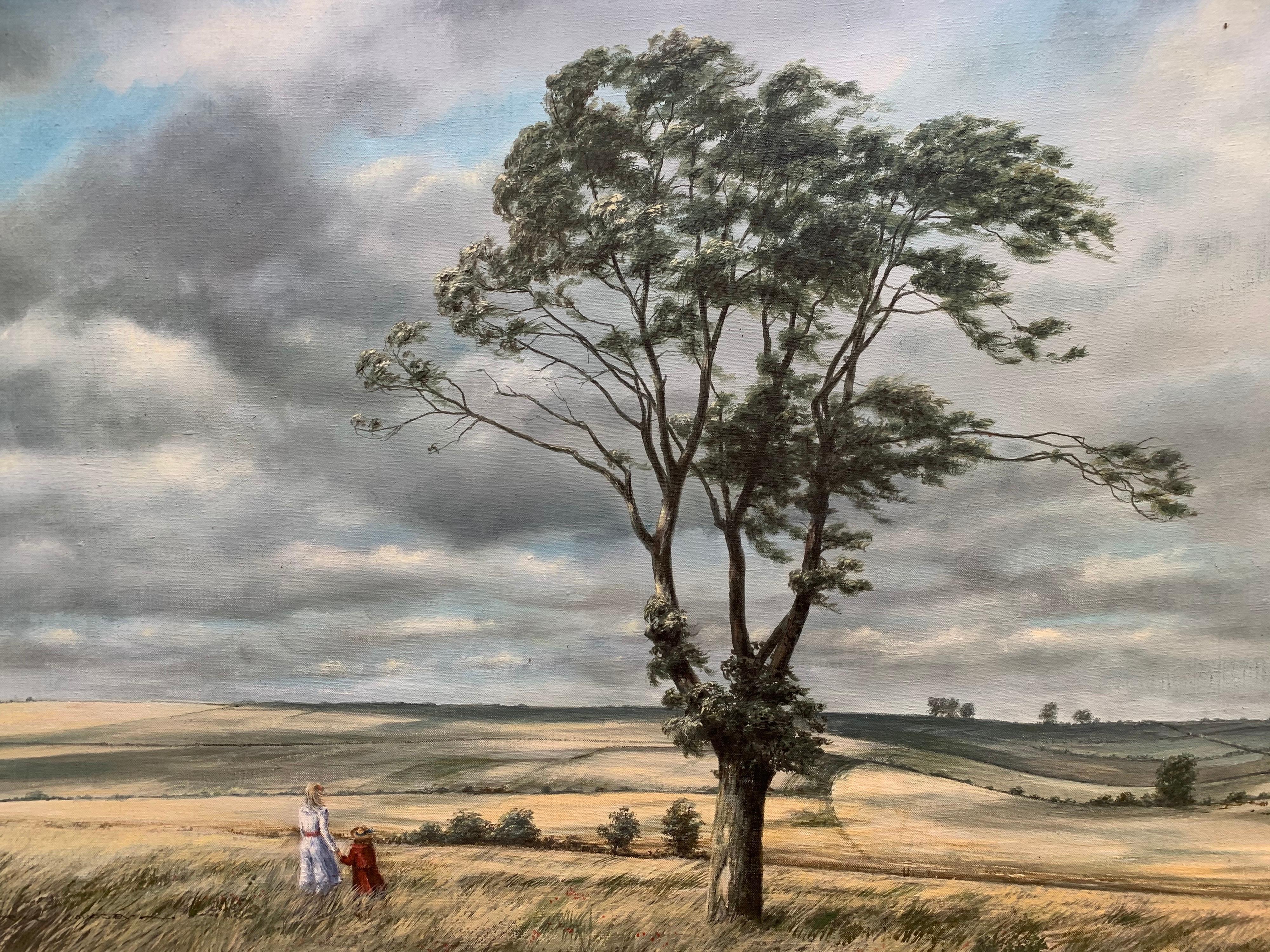Roderick Lovesey Figurative Painting - Watching the Skies Mother & Daughter in Windswept open Field Large English Oil