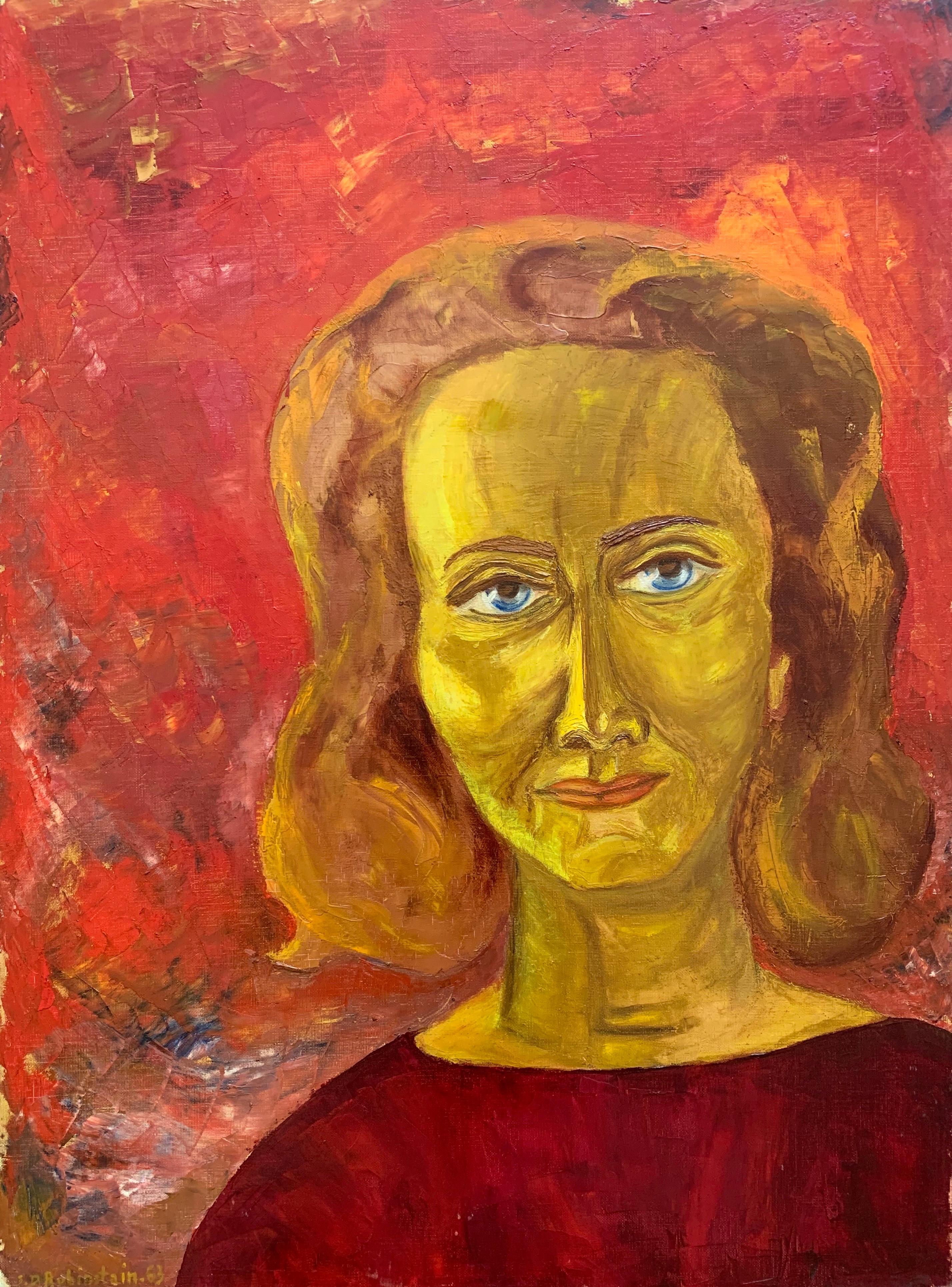 Grand portrait français d'une femme en rouge des années 1960, signé - Painting de Sophie Danielle Rubinstain