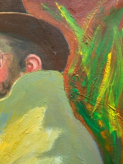 Ritratto francese di uomo con cappello che fuma il sigaro Pittura a olio su tela firmata di grandi dimensioni