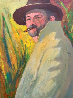 Retro French Portrait Man in Hat Smoking Cigar Large Signed Oil Painting on Canvas