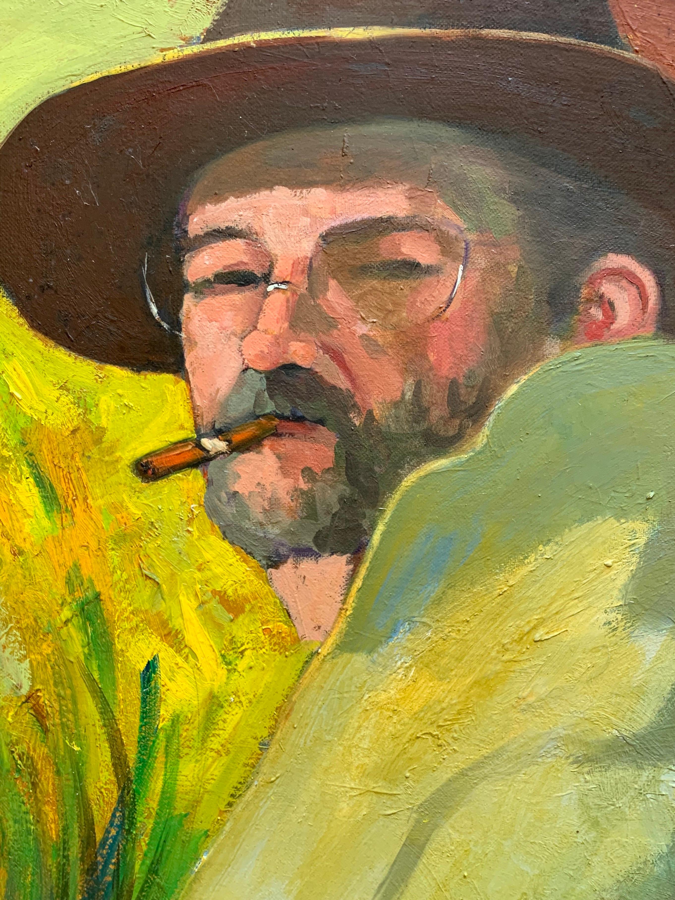 Französisches Porträt eines Mannes mit Hut Rauch Zigarren Großes signiertes Ölgemälde auf Leinwand (Braun), Portrait Painting, von Serge Mallet