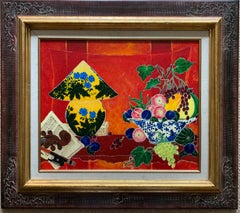 Bright & Colorful French Modernist Signed oil Oriental Lamp Bowl of Fruit