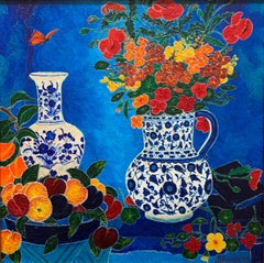 Bright & Colorful French Modernist Signed oil Still Life Flowers & Fruit