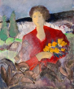 Provencal Lady in Red Holding Yellow Flowers Signed French Modernist Painting
