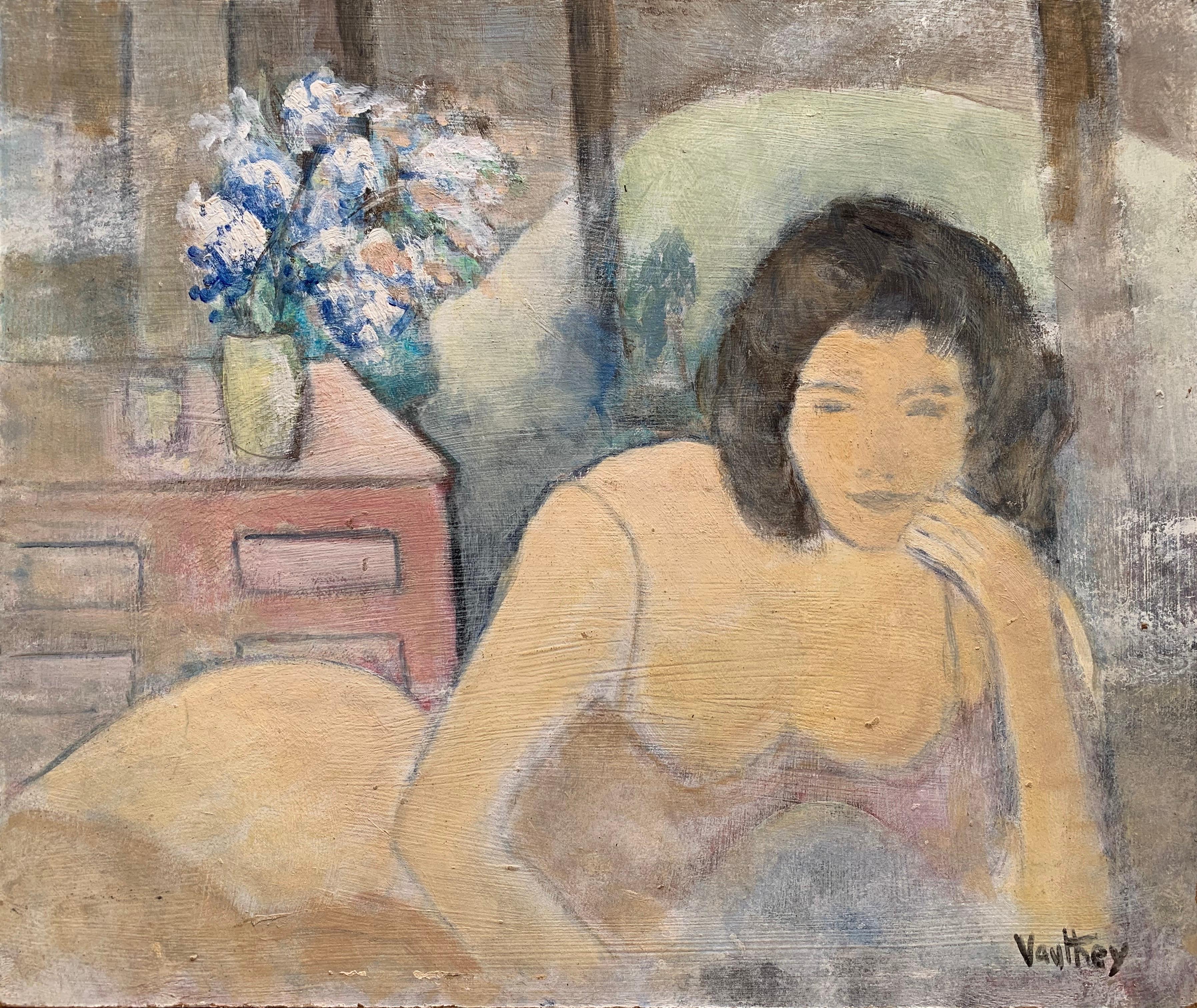 Pierre Vauthey Figurative Painting - Semi Nude Lady laying on Bed Soft Pastel Shades of Colour, Flowers Still Life