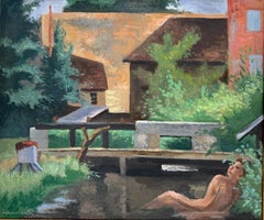 Man Bathing in French Mill Pond Mid 20th Century French Post-Impressionist Oil