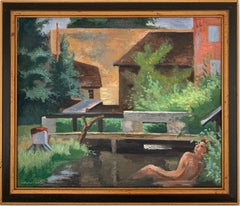 Mann badet in französischem Mühlenteich Mitte des 20. Jahrhunderts Französischer Post-Impressionist Öl