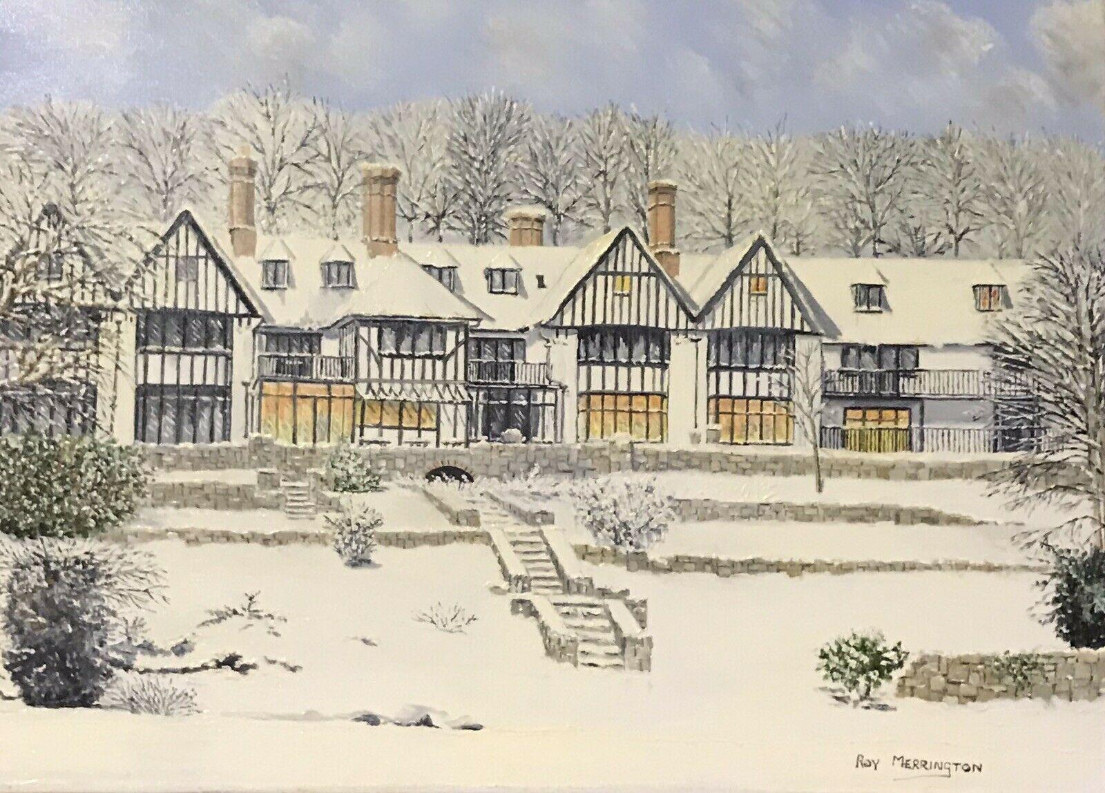 LARGE ENGLISH OIL PAINTING TUDOR HOUSES IN WINTER SNOW LANDSCAPE