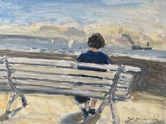 French Impressionist Oil Normandy Coast Lady Sitting on Bench Looking out to Sea