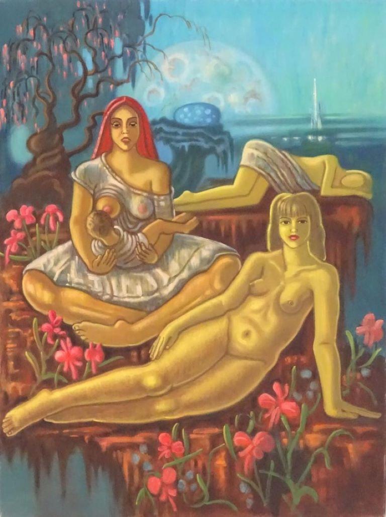 Le jardin d'Eden Grande peinture à l'huile surréaliste britannique - Nus couchés