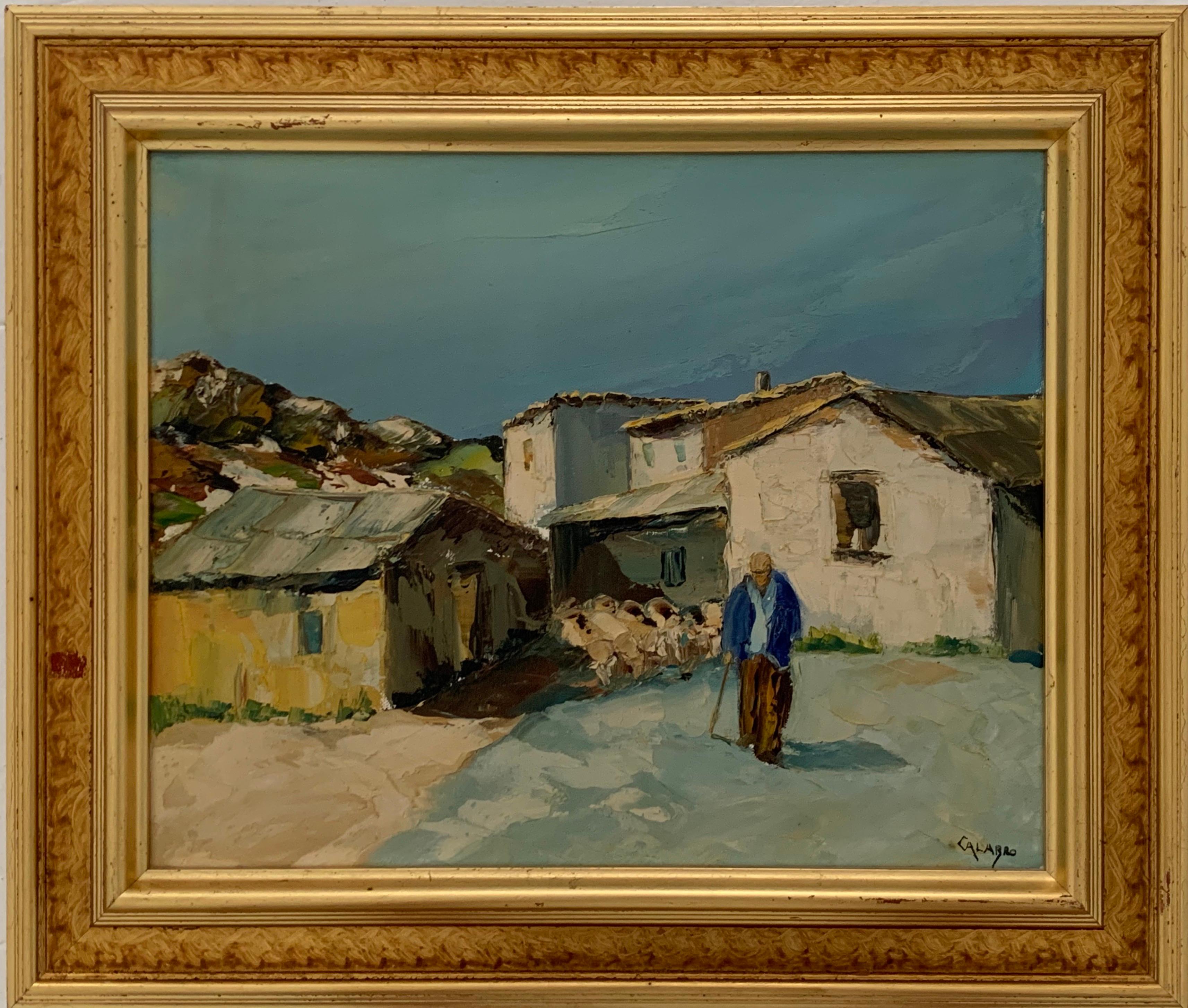 Shepherd in Provencal Village Lane leading his Flock, signed French oil painting - Painting by Philippe Calabro