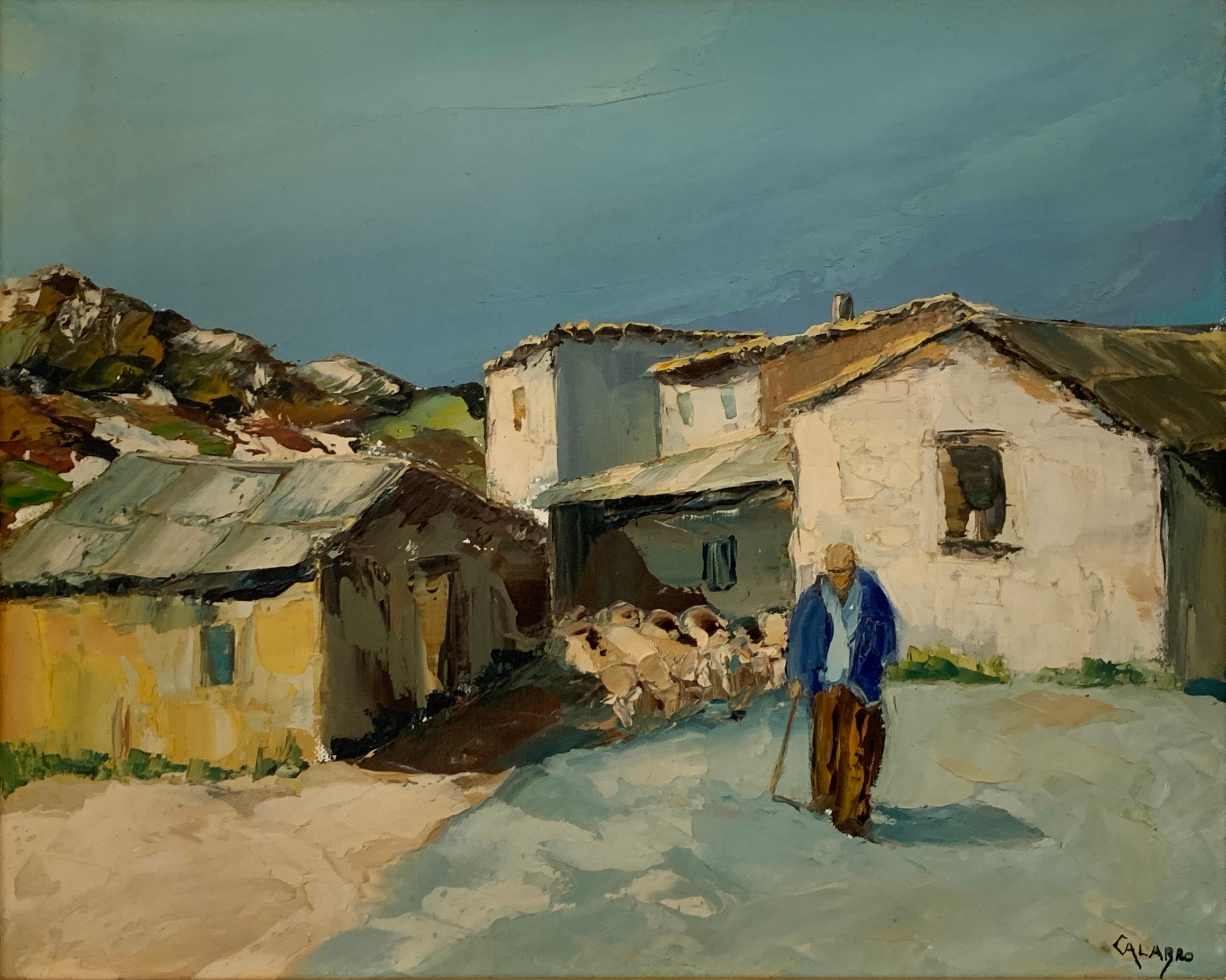 Philippe Calabro Animal Painting - Shepherd in Provencal Village Lane leading his Flock, signed French oil painting
