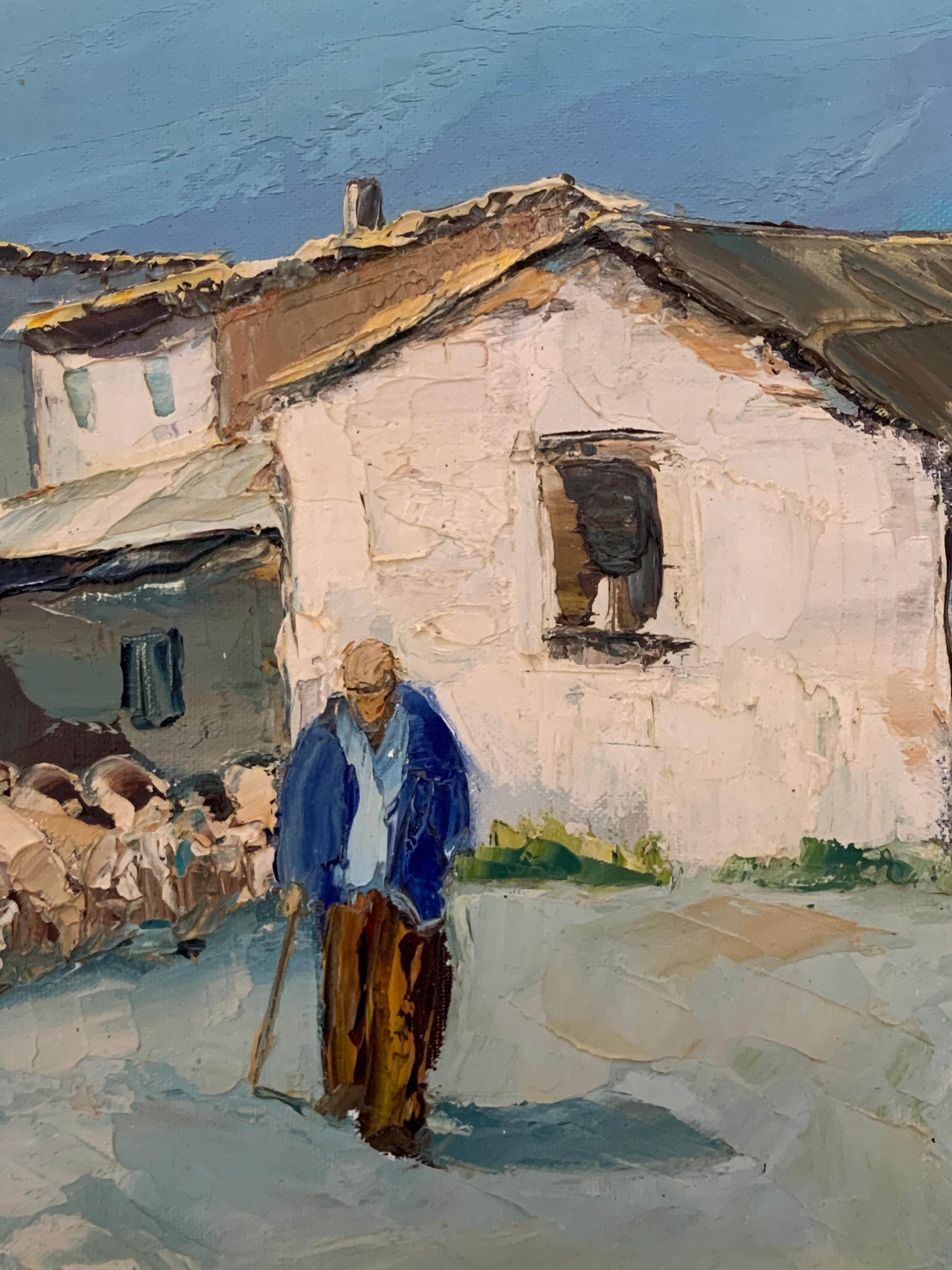 Shepherd in Provencal Village Lane leading his Flock, signed French oil painting - Impressionist Painting by Philippe Calabro