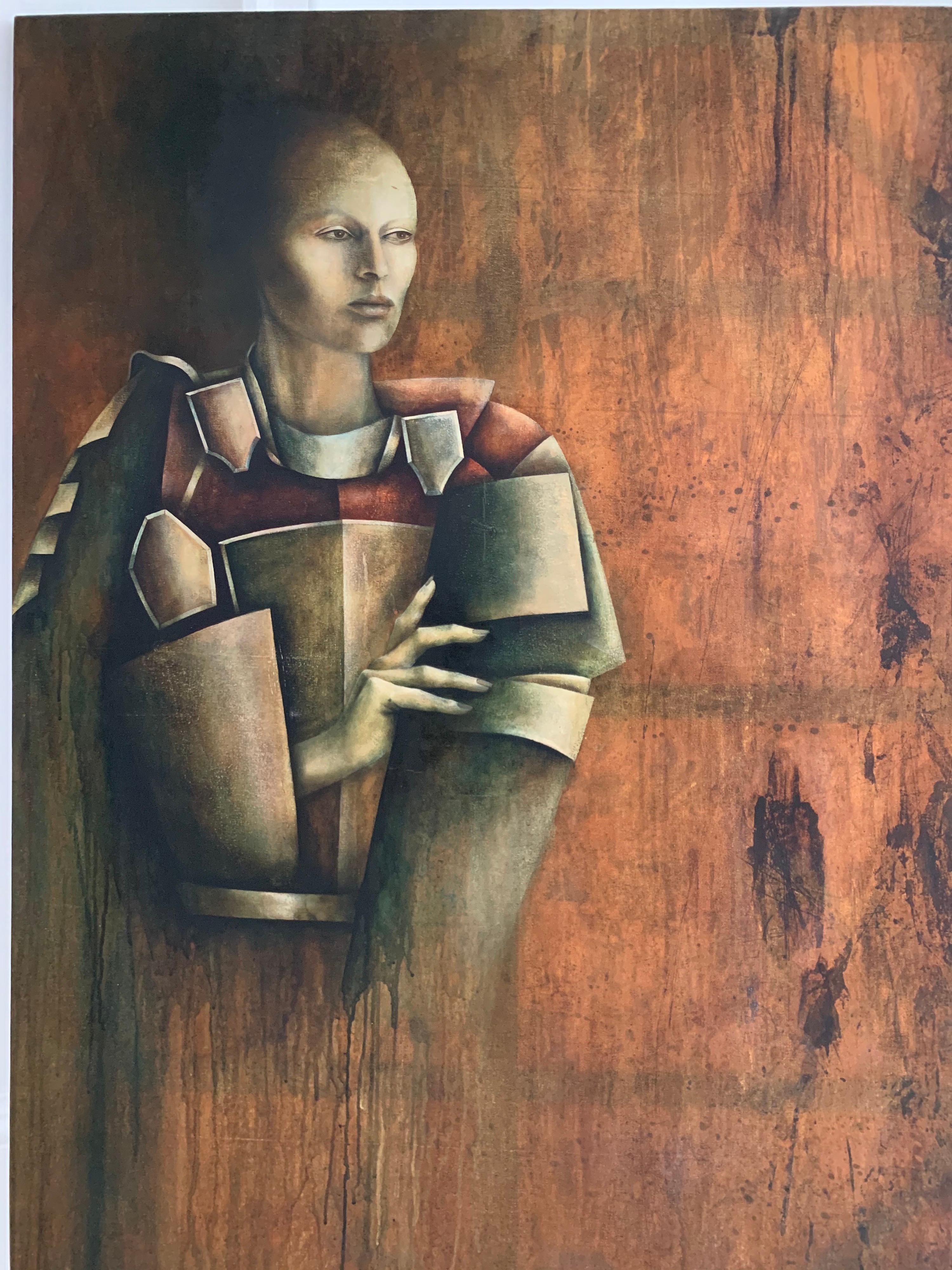 Großes französisches modernistisches Porträt einer kubistischen Figur, Ölgemälde auf Leinwand (Braun), Portrait Painting, von Pottier