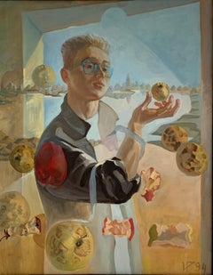 Artists Self Portrait Large Surrealist Oil Painting Standing in Landscape