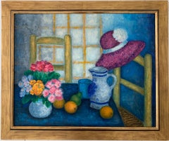 French Still Life Interior Hat Flowers Fruit Oil Painting by S. Lenormand