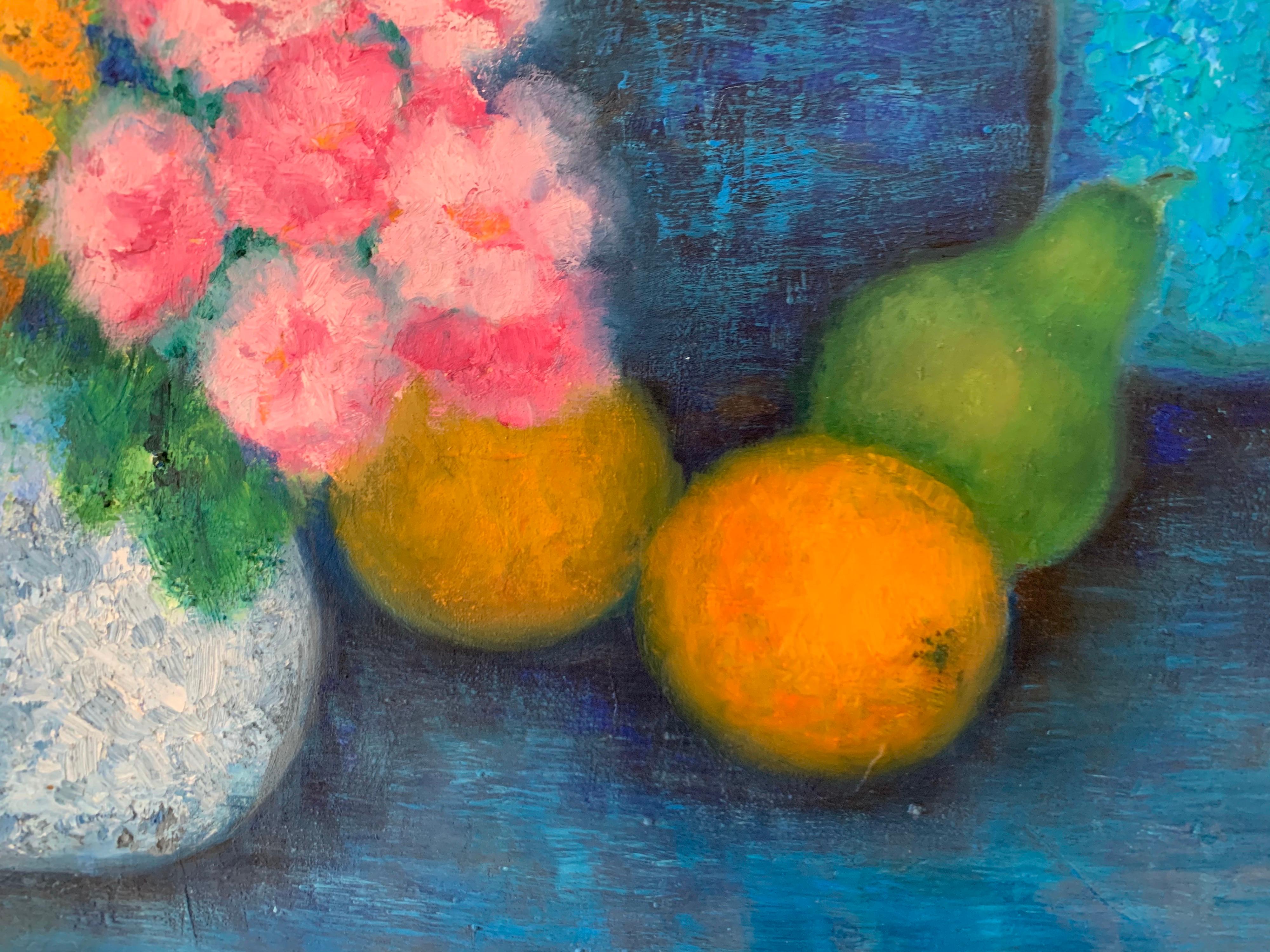 Precioso bodegón francés Pintura al óleo Flores Fruta y sombrero Colores profundos - Painting Posimpresionista de S Lenormand