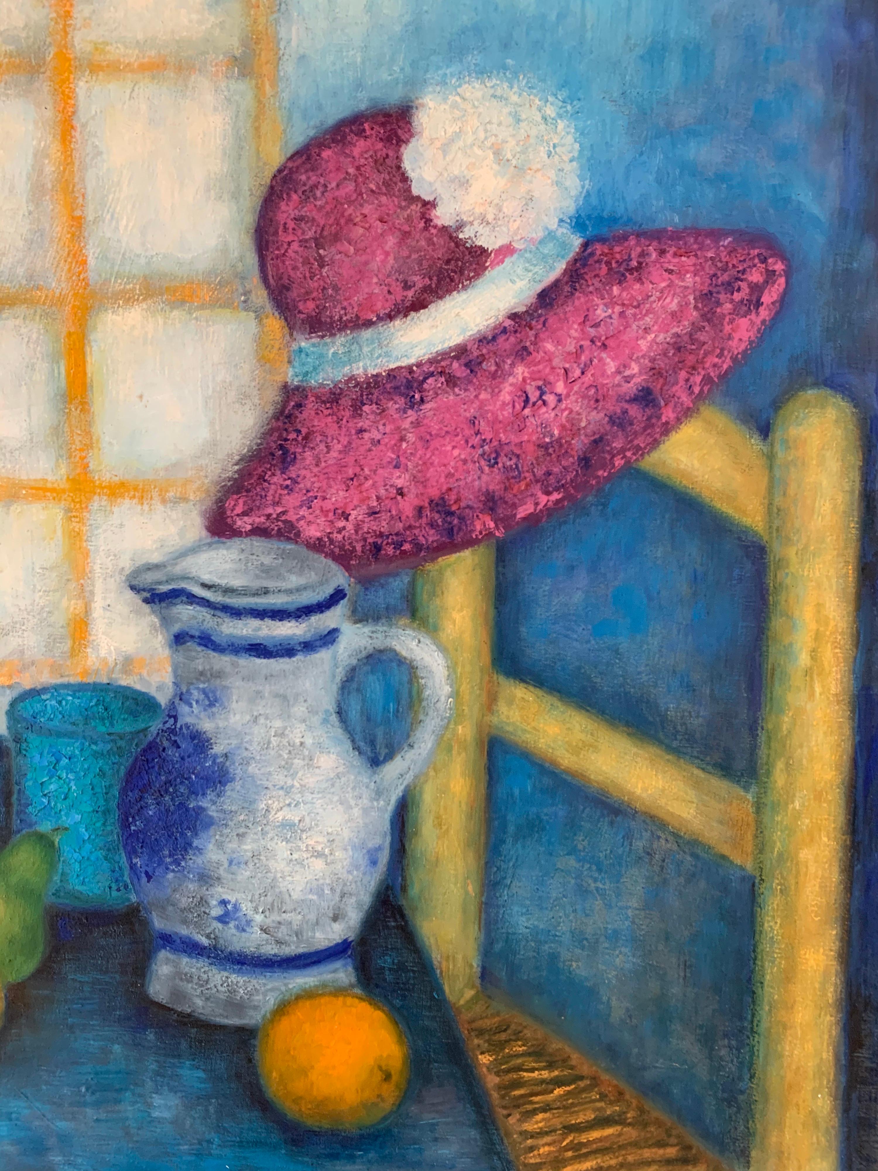 Precioso bodegón francés Pintura al óleo Flores Fruta y sombrero Colores profundos en venta 1