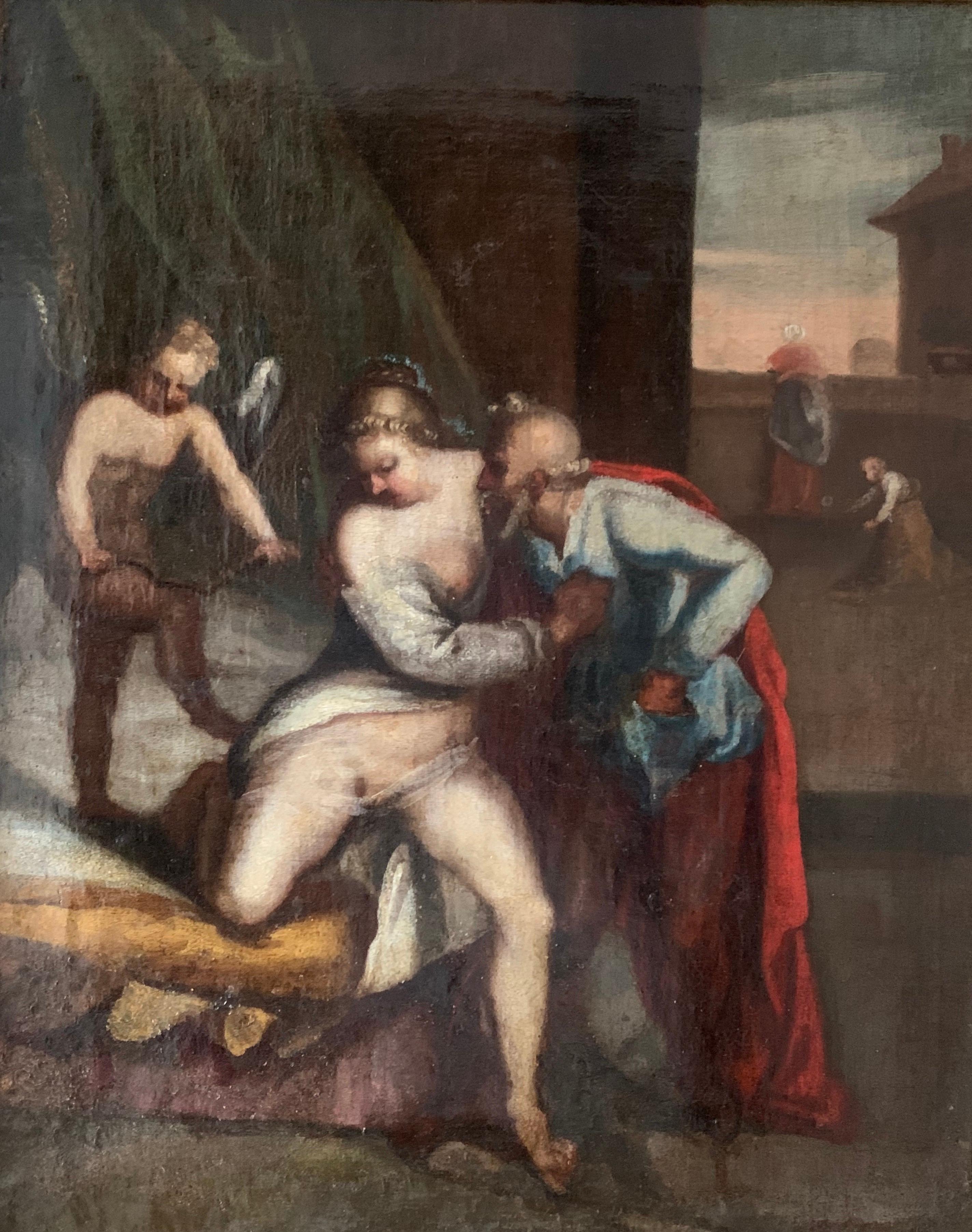17th Century Italian School Nude Painting - 17th Century Italian Old Master Oil Painting Old Man & Courtesan Woman